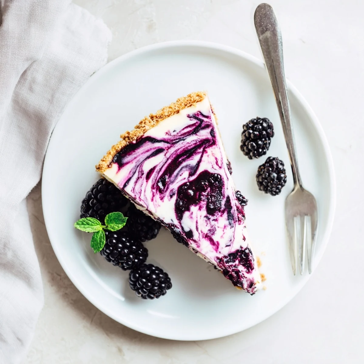 Creamy Blackberry Bliss Cheesecake with purple swirls on a golden graham cracker crust, garnished with fresh berries and mint.