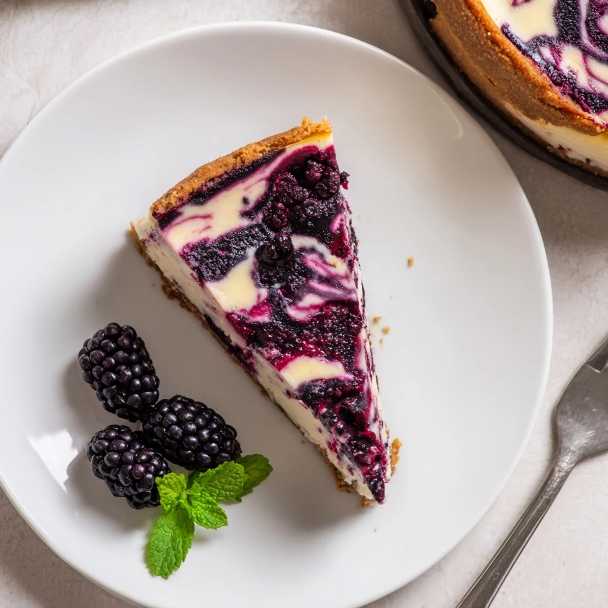 Sliced Blackberry Bliss Cheesecake showing the marbled berry compote running through the velvety vanilla filling on a crisp buttery base.