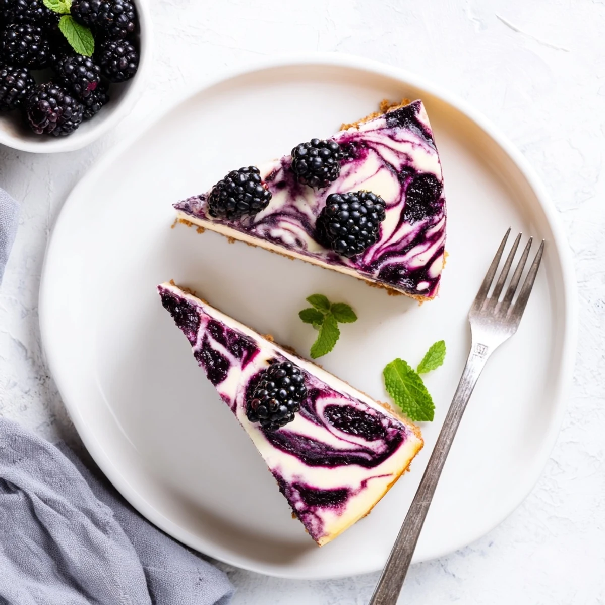 Whole Blackberry Bliss Cheesecake topped with whipped cream and fresh blackberries, featuring beautiful purple swirls against the pale creamy dessert.