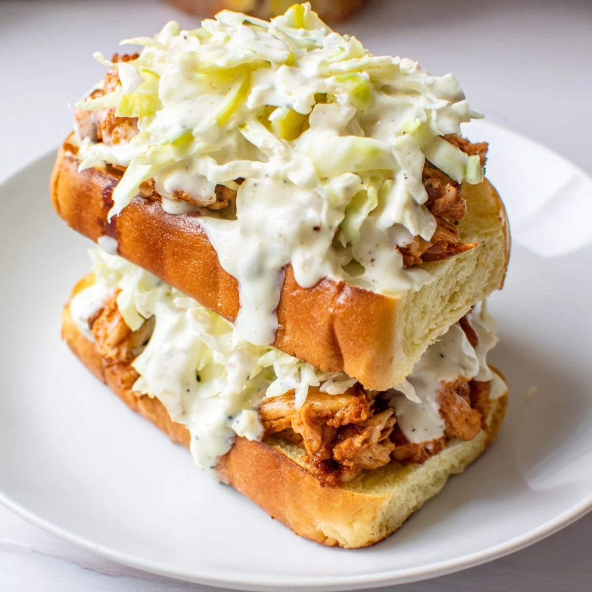 Golden Alabama BBQ chicken sandwich with creamy white sauce and crisp slaw on toasted bun