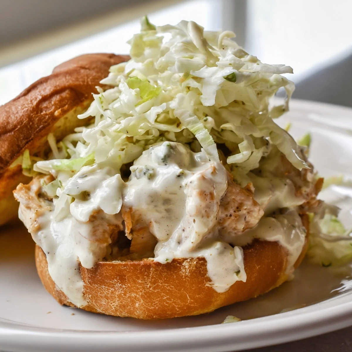 Southern style Alabama BBQ chicken sandwich featuring smoked meat topped with zesty white sauce and slaw