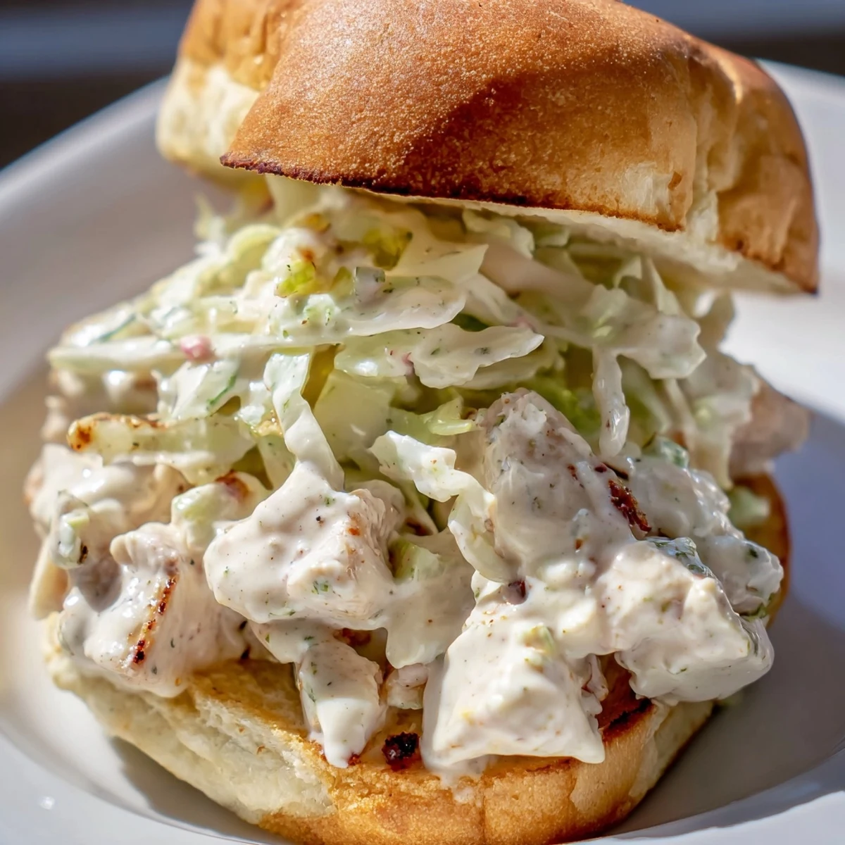 Heaping Alabama BBQ chopped chicken sandwich drizzled with tangy white sauce and crunchy coleslaw