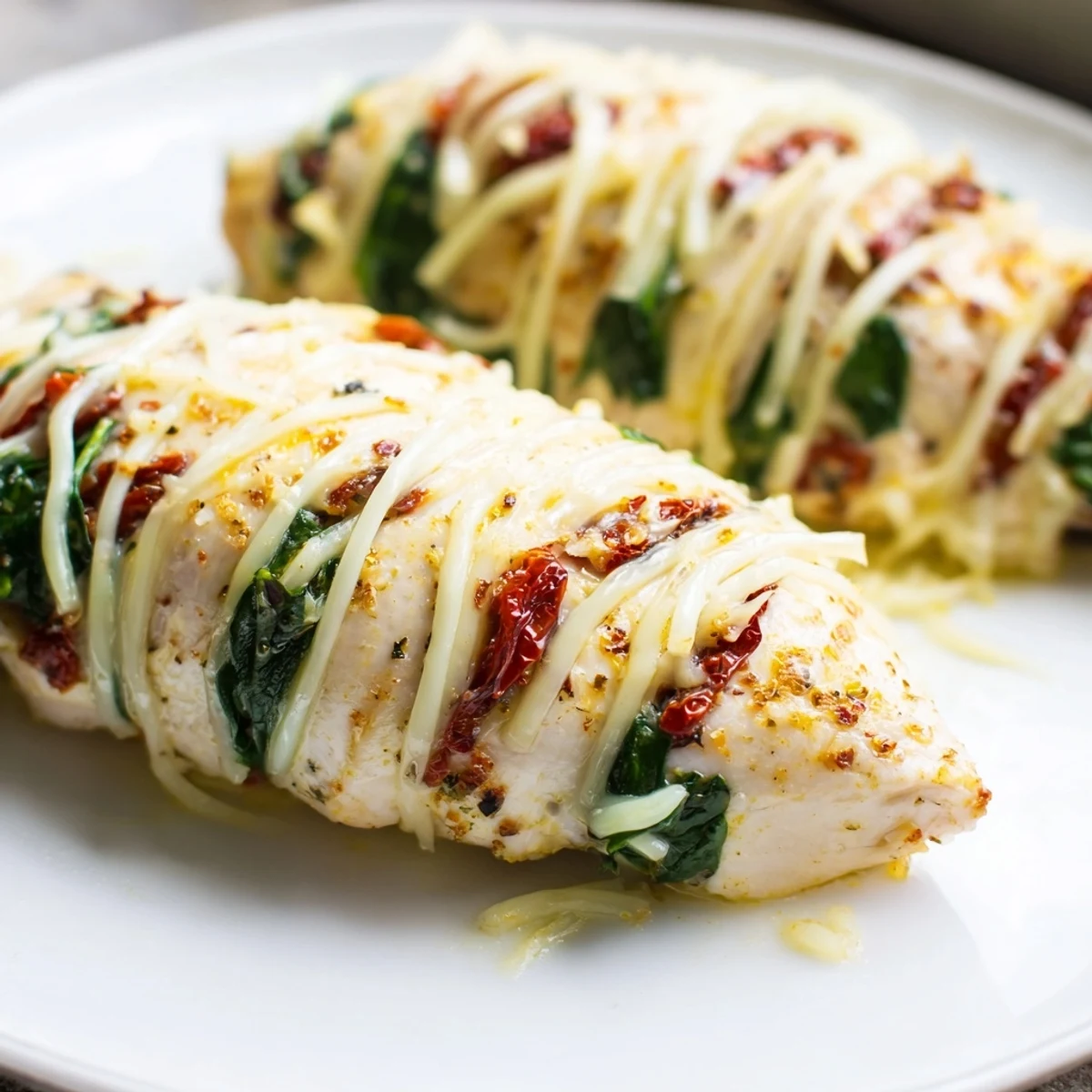 Golden Hasselback chicken with melted mozzarella and sundried tomatoes oozing from sliced cuts