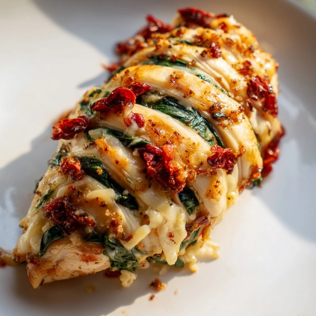 Tender baked Hasselback chicken breasts stuffed with spinach and cheese on a white plate