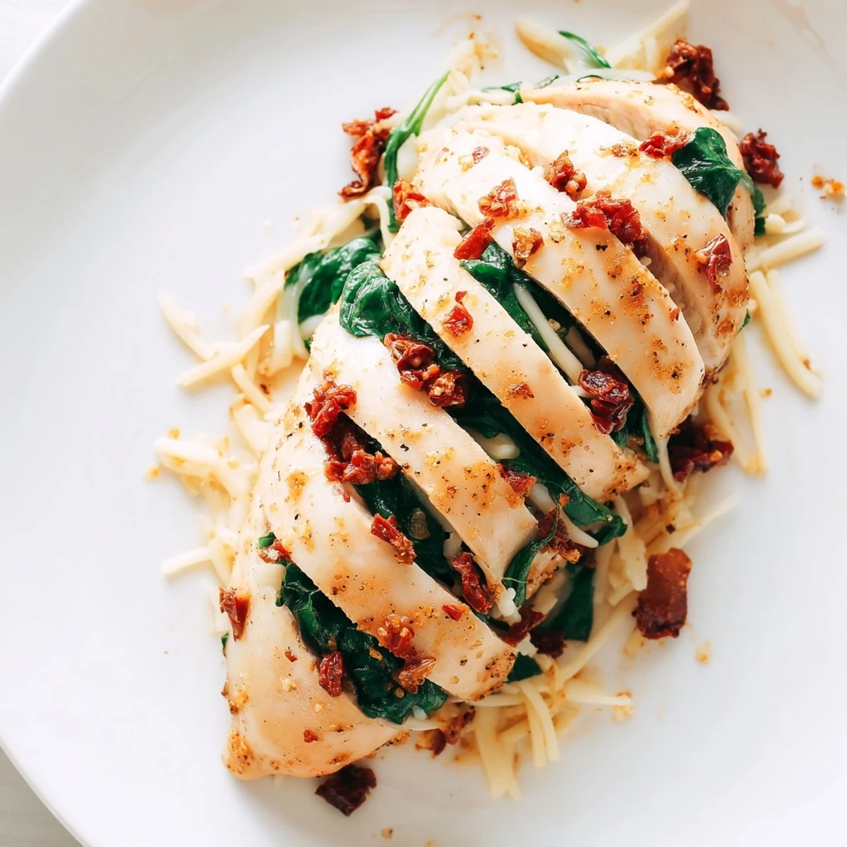 Savory Hasselback chicken topped with bubbling mozzarella, garlic, and sun-dried tomato filling