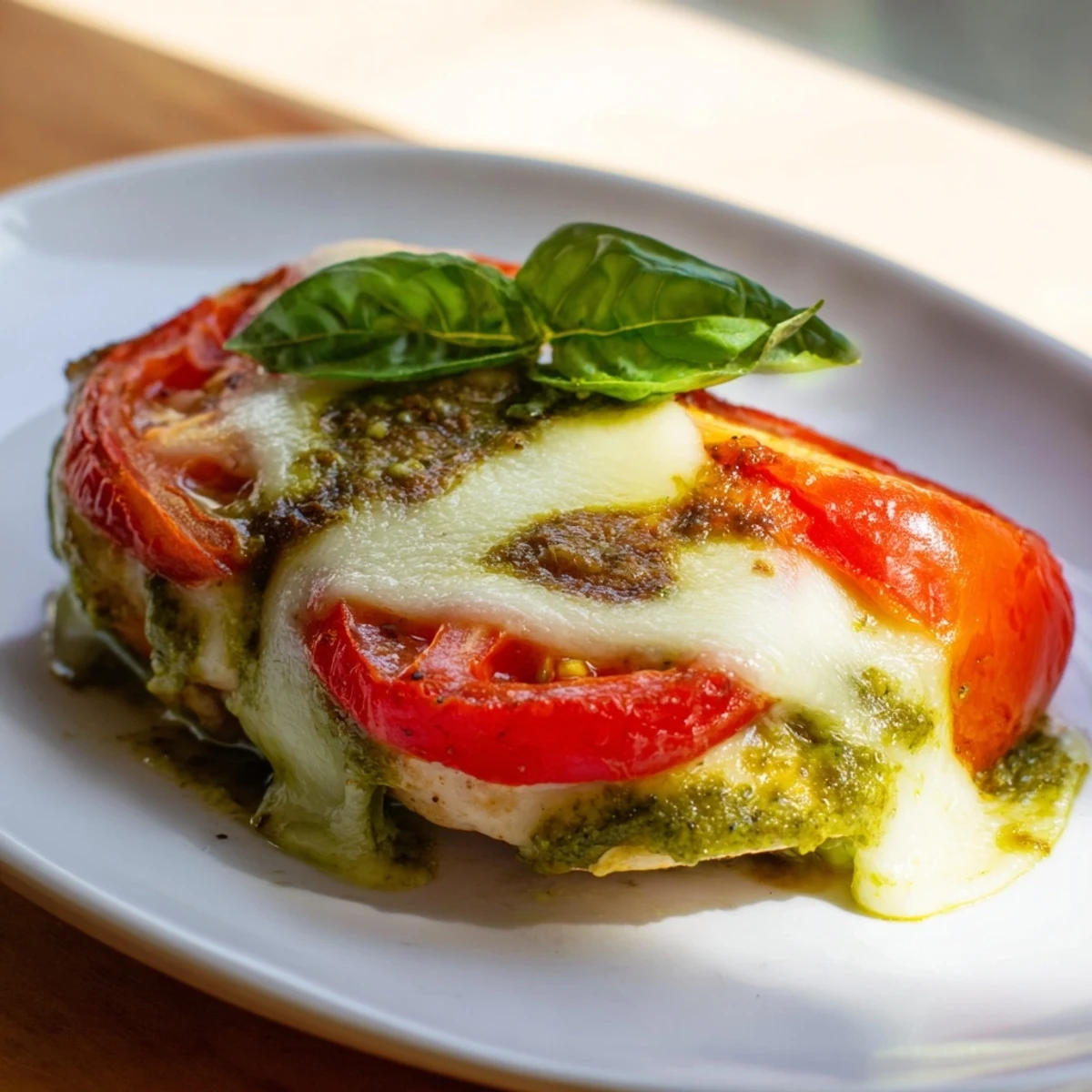 Baked pesto Caprese chicken fresh from the oven with bubbling cheese and juicy tomatoes