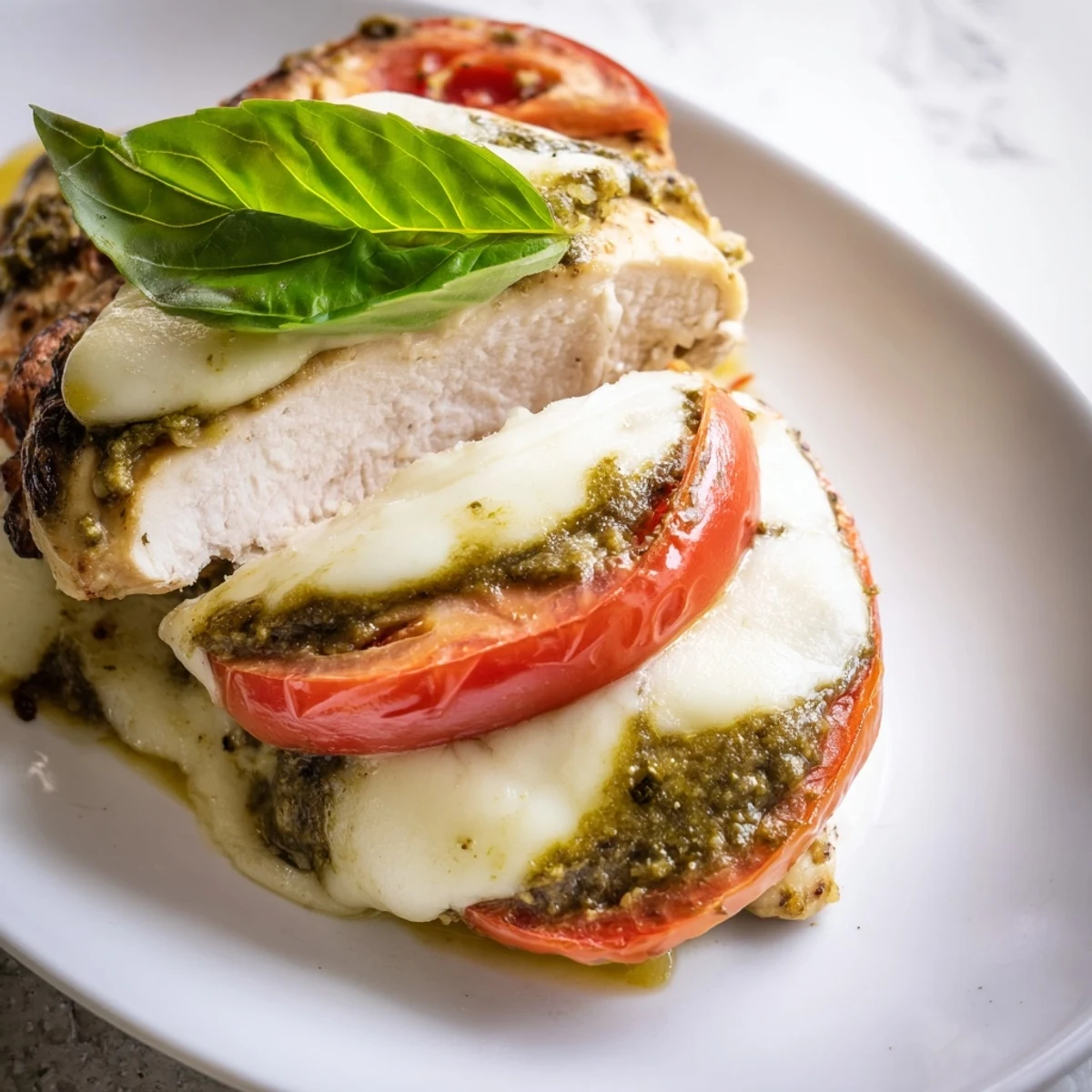 Savory chicken layered with green pesto sauce ripe tomatoes and melted mozzarella cheese