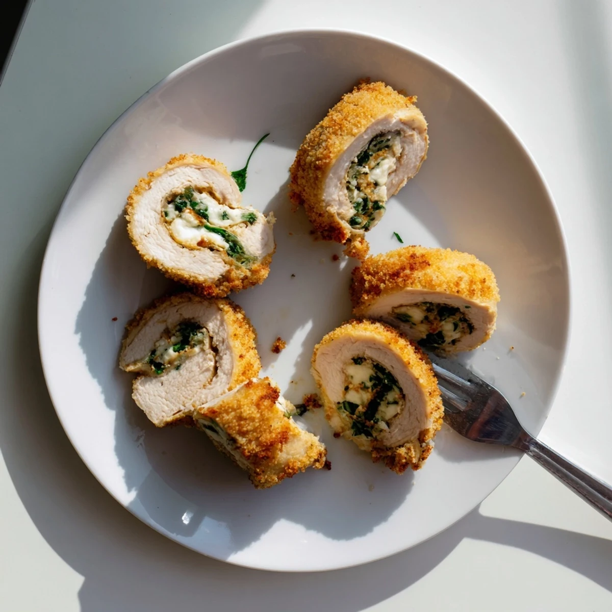 Golden brown herbed ricotta stuffed chicken rolls with crispy breadcrumb topping on white plate