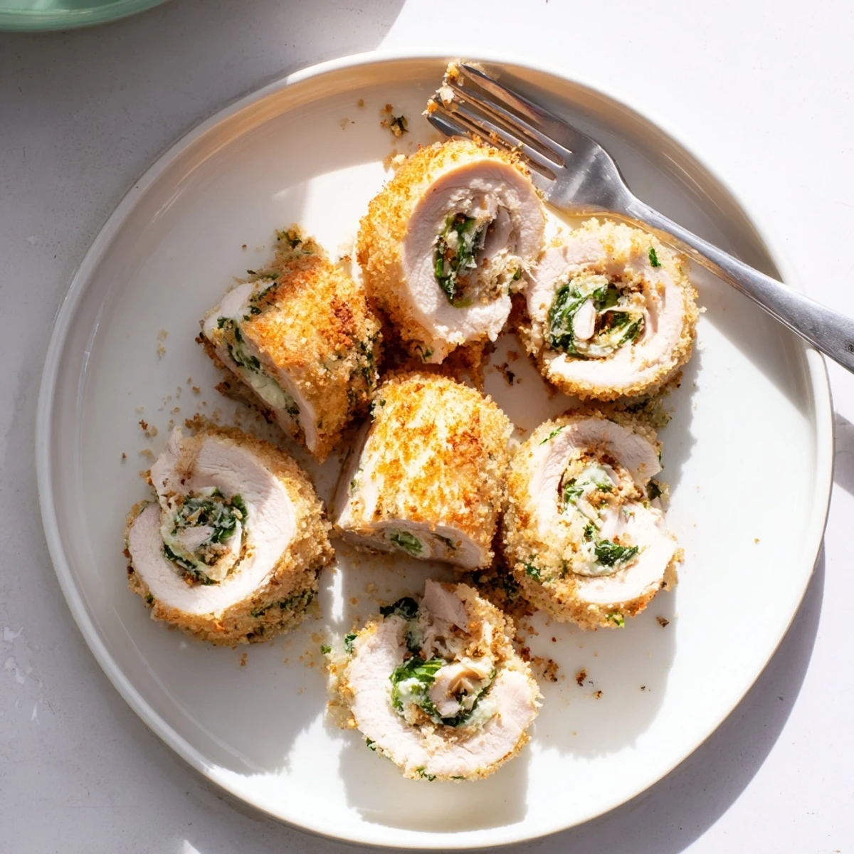 Sliced herbed ricotta stuffed chicken rolls revealing creamy cheese filling and fresh green herbs