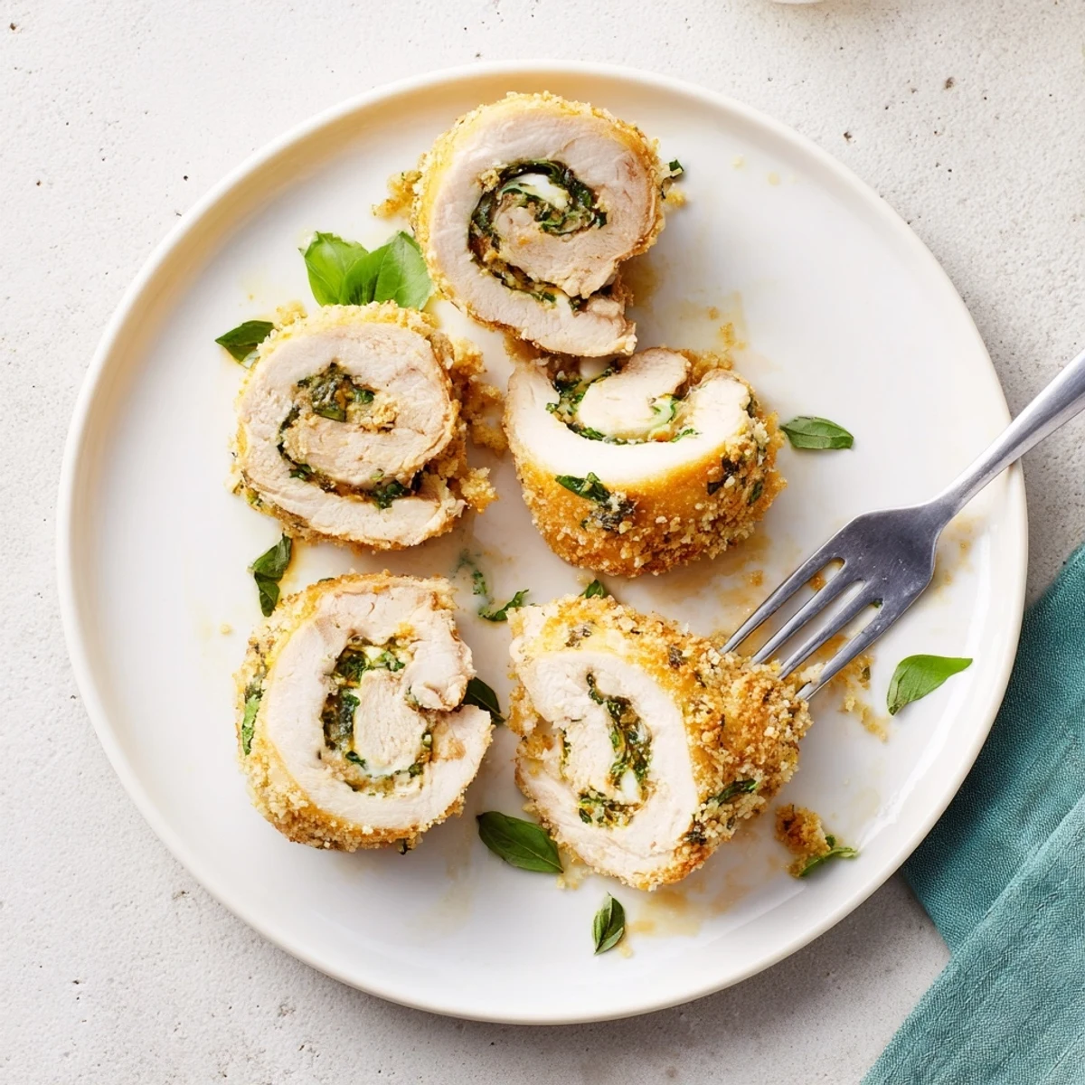 Baked herbed ricotta stuffed chicken rolls plated with fresh parsley garnish and parmesan sprinkles