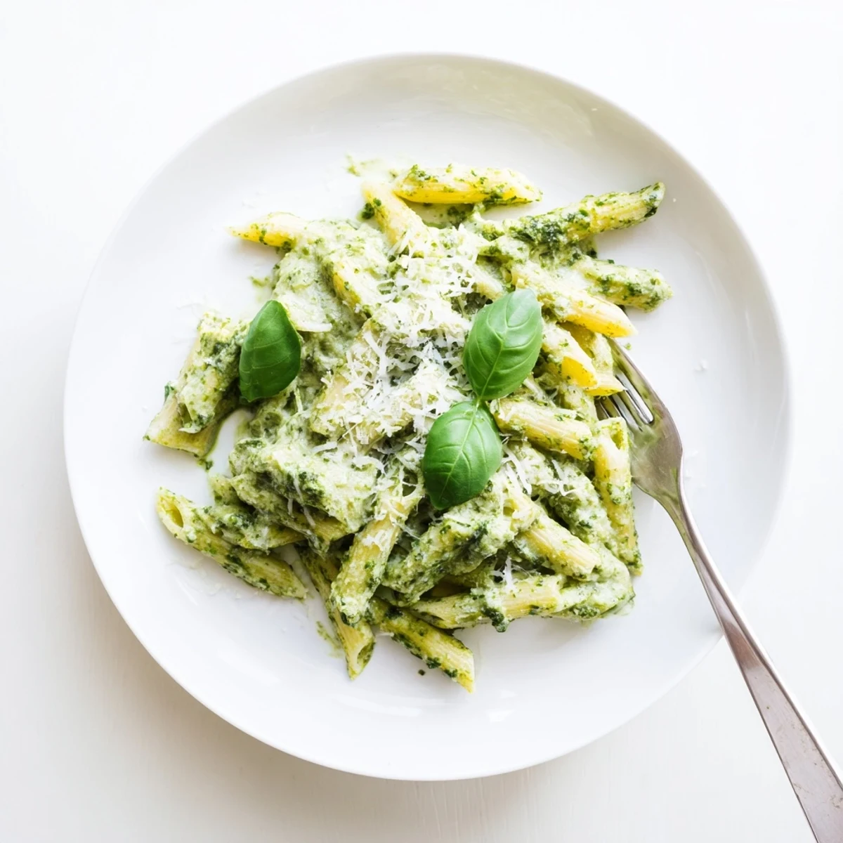 Creamy pesto pasta coated in rich green sauce with grated Parmesan cheese
