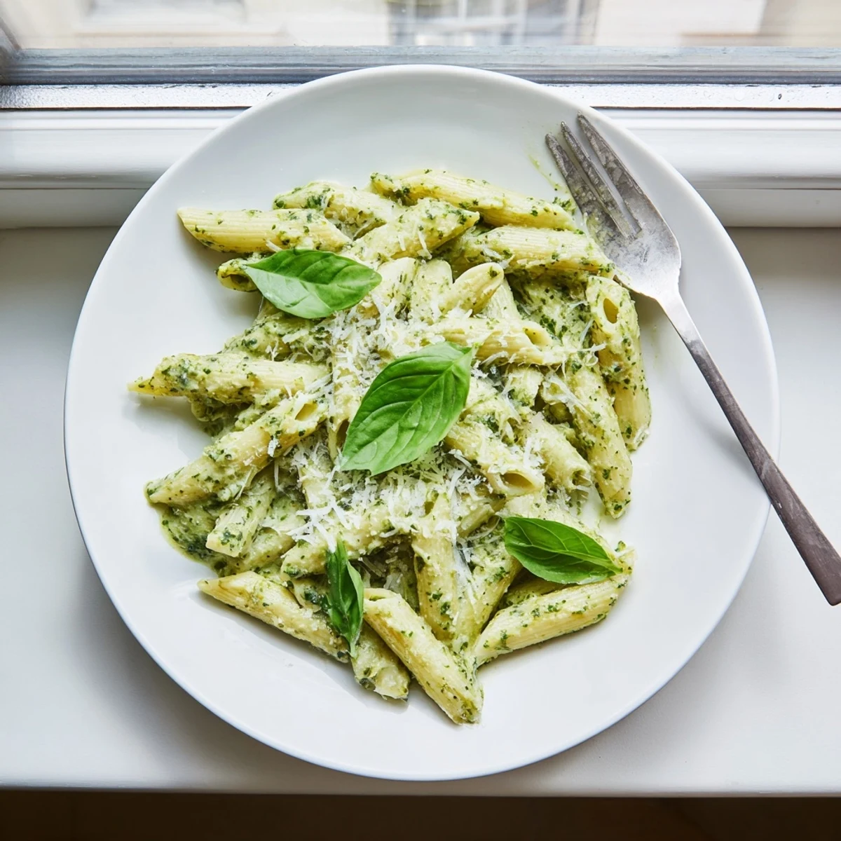 Bowl of creamy pesto pasta garnished with fresh basil leaves