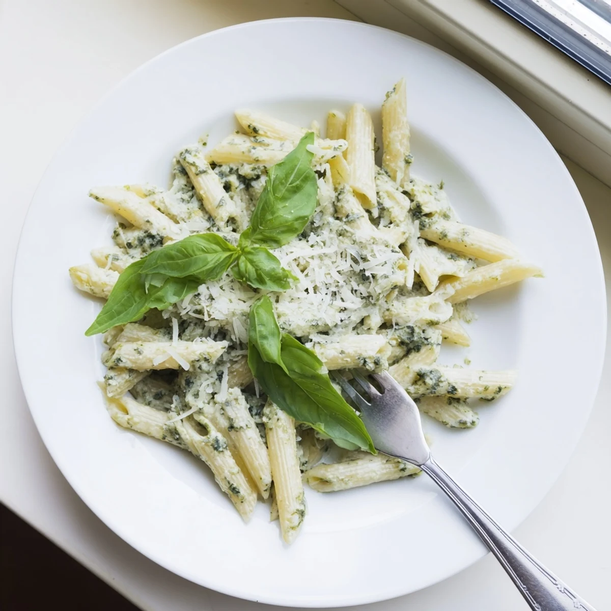 Penne pasta tossed in silky basil cream sauce with black pepper