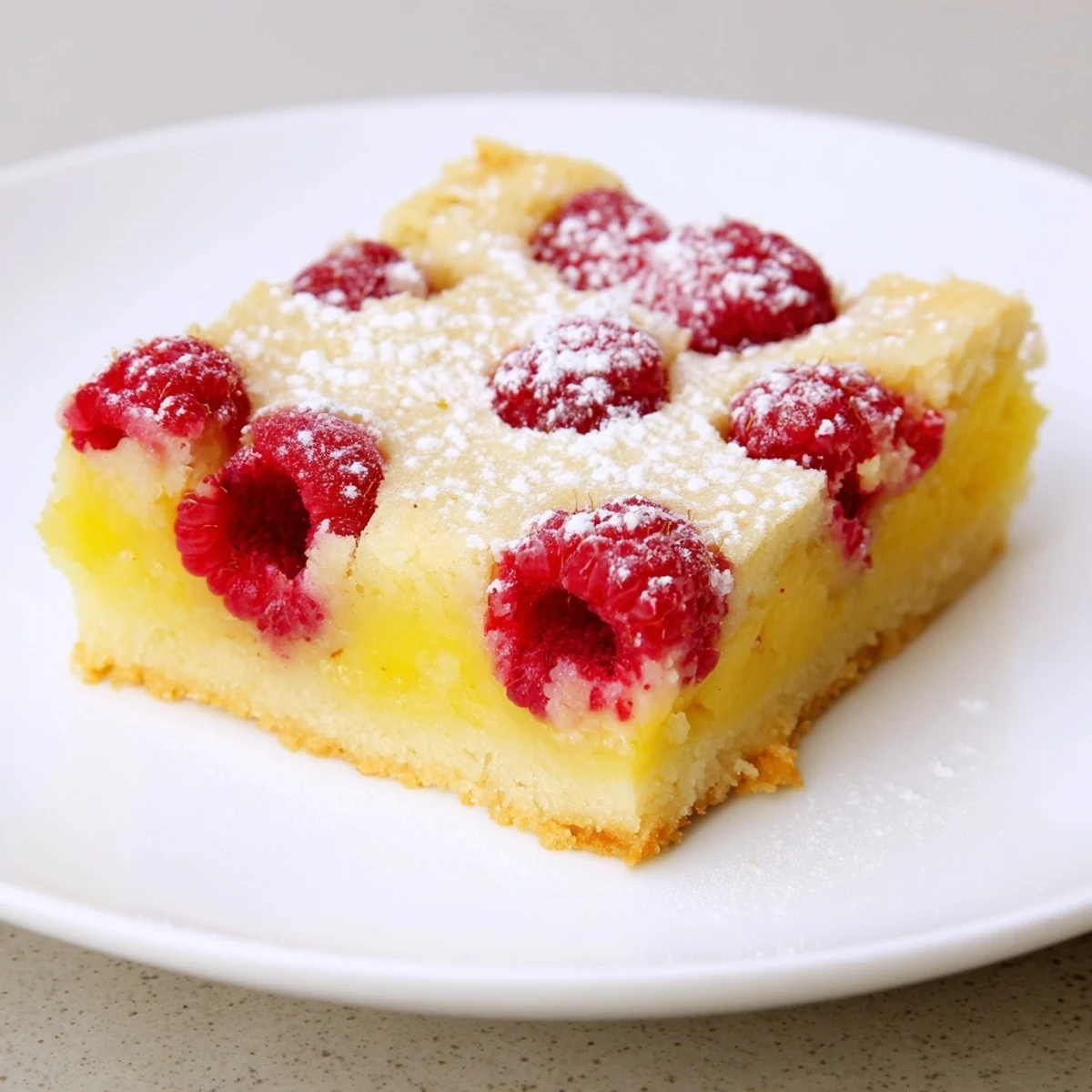 Golden lemon raspberry bars featuring a buttery shortbread crust topped with vibrant red fresh berries
