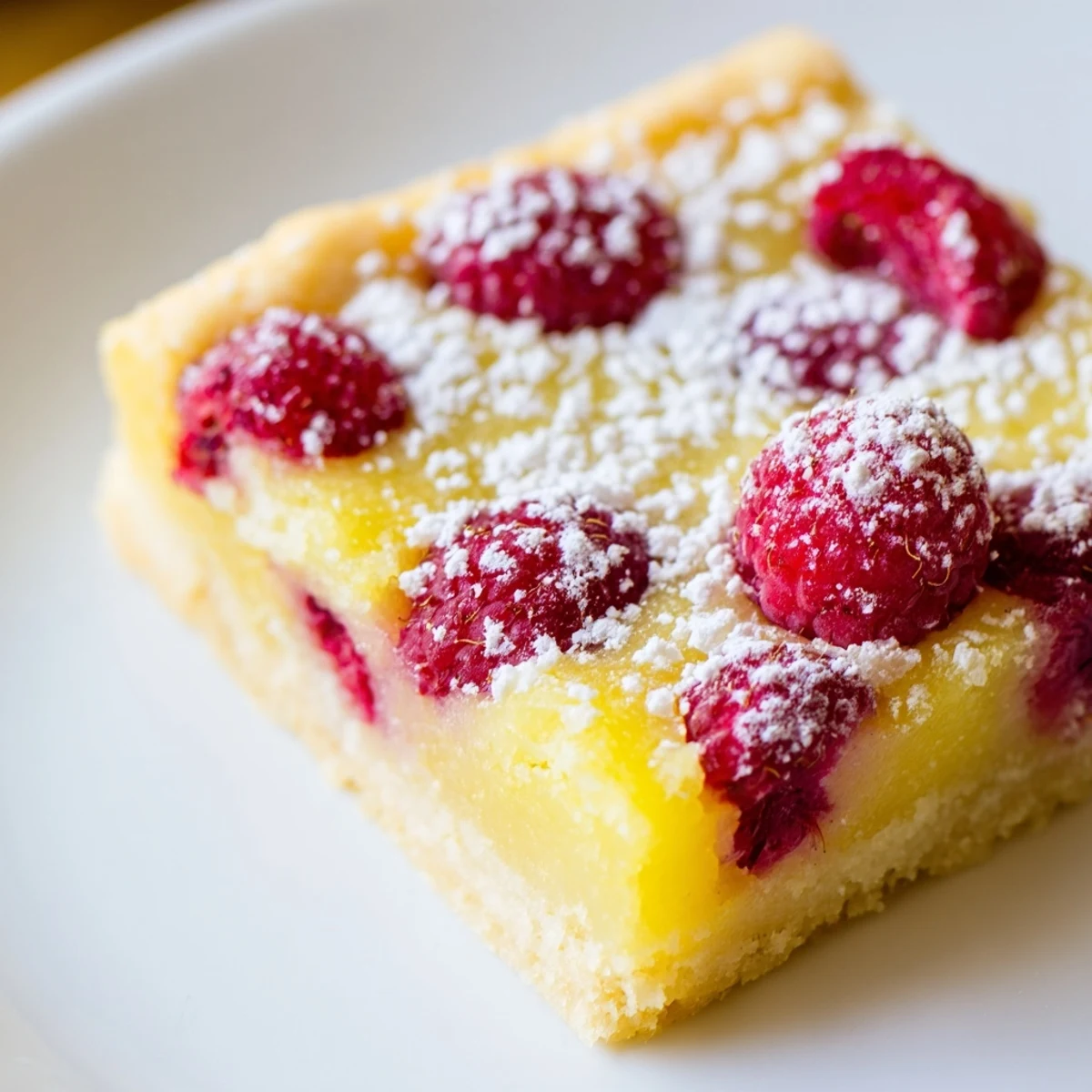 Tangy lemon raspberry bars with powdered sugar dusting on a white dessert serving plate