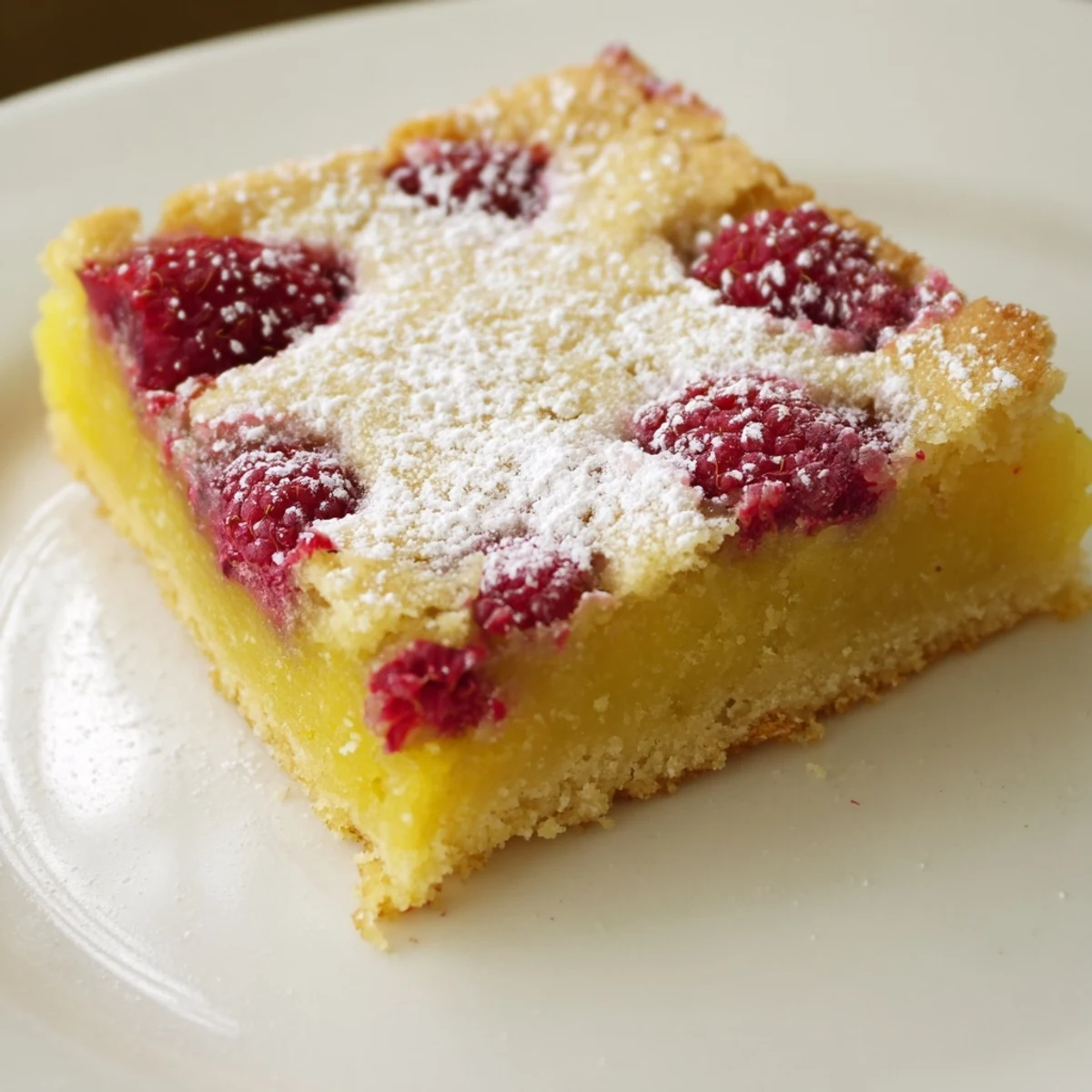 Homemade lemon raspberry bars cut into neat squares showcasing bright red raspberry flecks throughout
