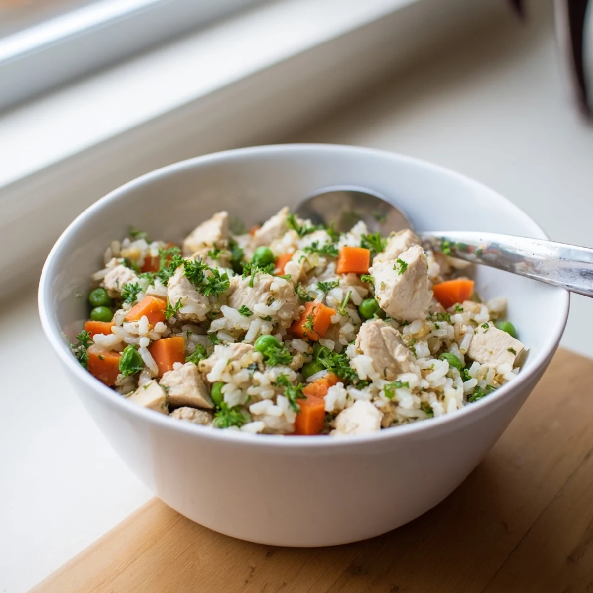 Golden Instant Pot chicken and rice with tender vegetables garnished with fresh parsley