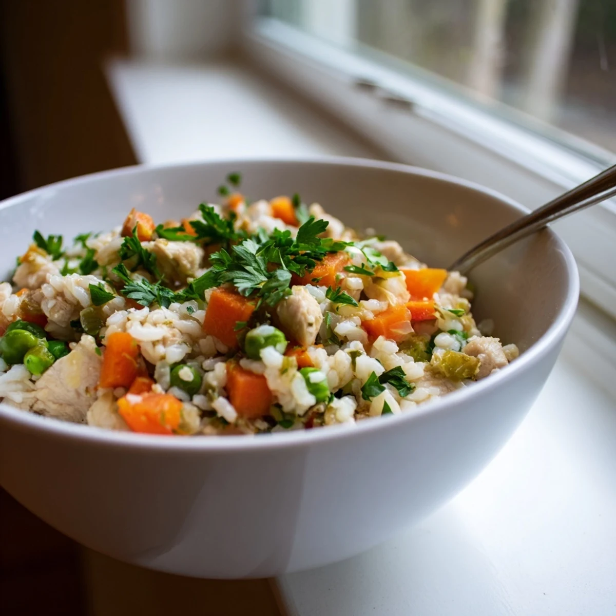 Fluffy white rice dish with juicy chicken thighs and colorful carrots and peas