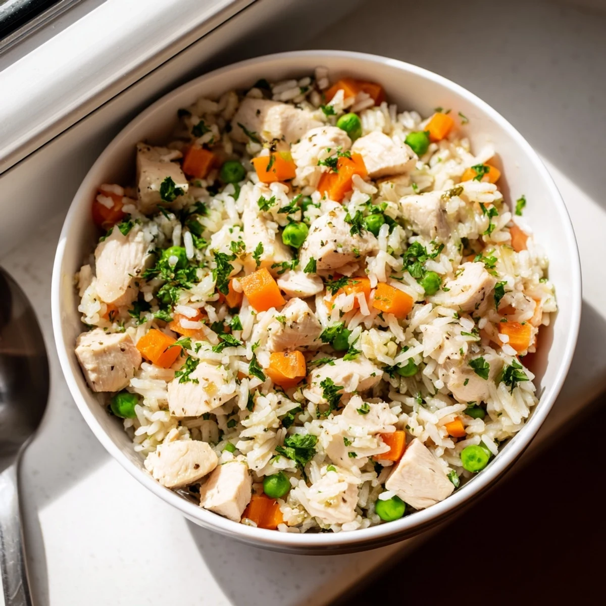 Comforting one-pot chicken and rice meal served in a white bowl with herbs