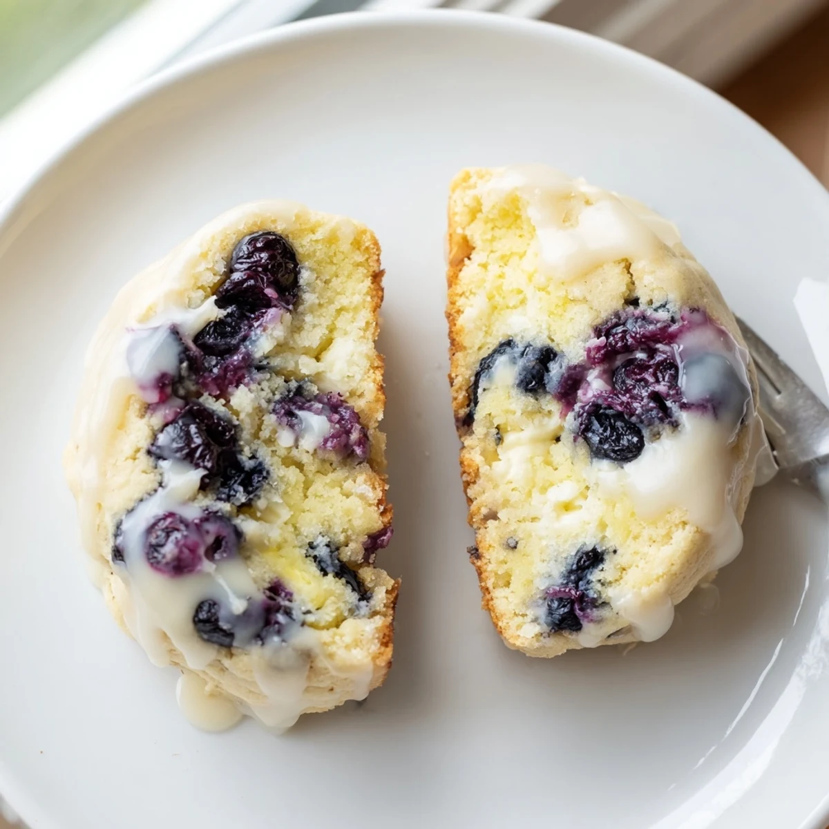 Soft lemon blueberry cheesecake cookies drizzled with white glaze on wooden board