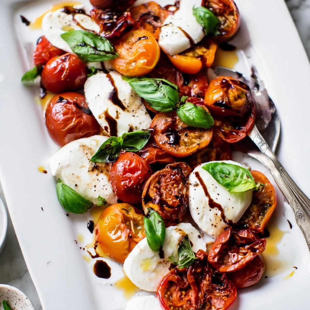 Golden roasted cherry tomatoes paired with fresh mozzarella and basil on a white serving platter