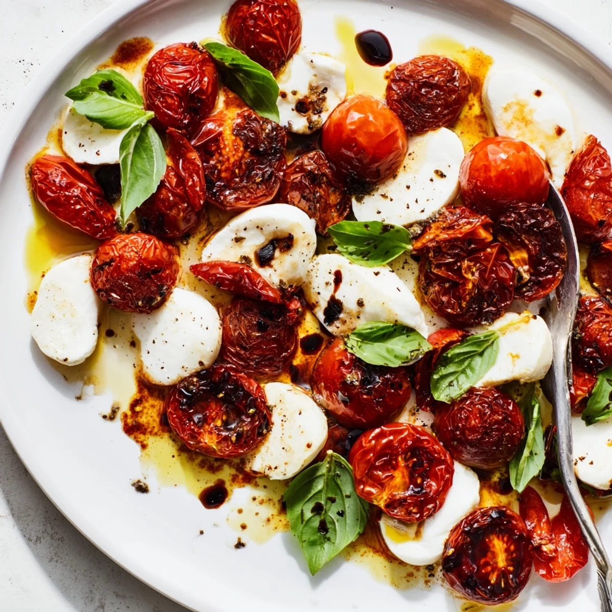 Colorful Caprese salad arrangement featuring caramelized tomatoes drizzled with balsamic glaze and green basil leaves