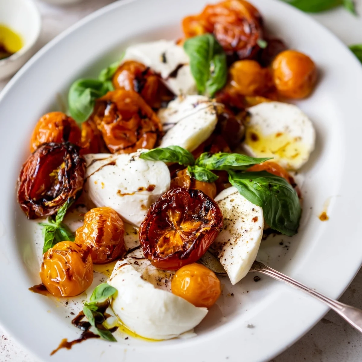 Roasted tomato Caprese salad with creamy mozzarella slices and fragrant basil ready for serving