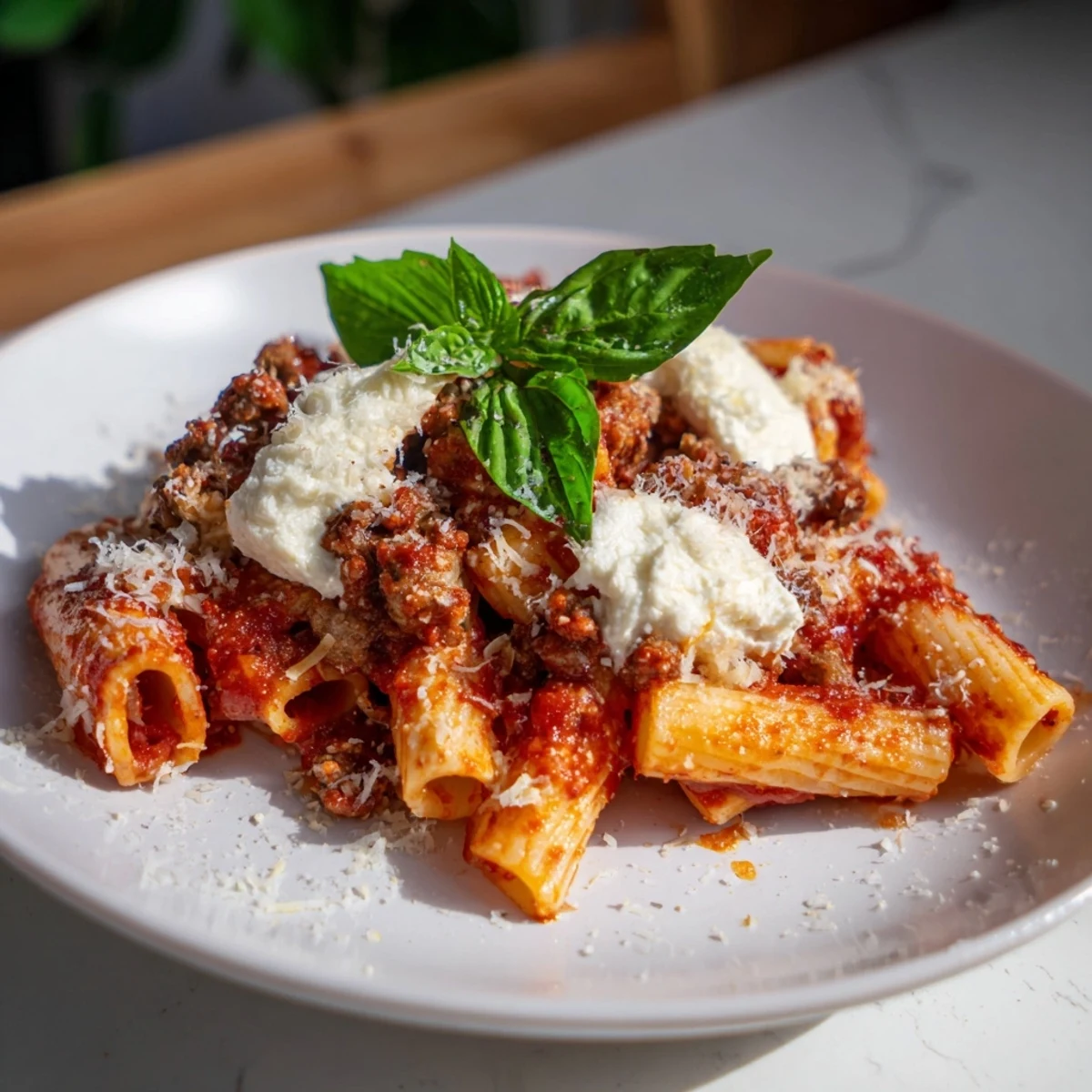 Golden slow cooker baked ziti with melted mozzarella and Italian sausage topped with fresh basil