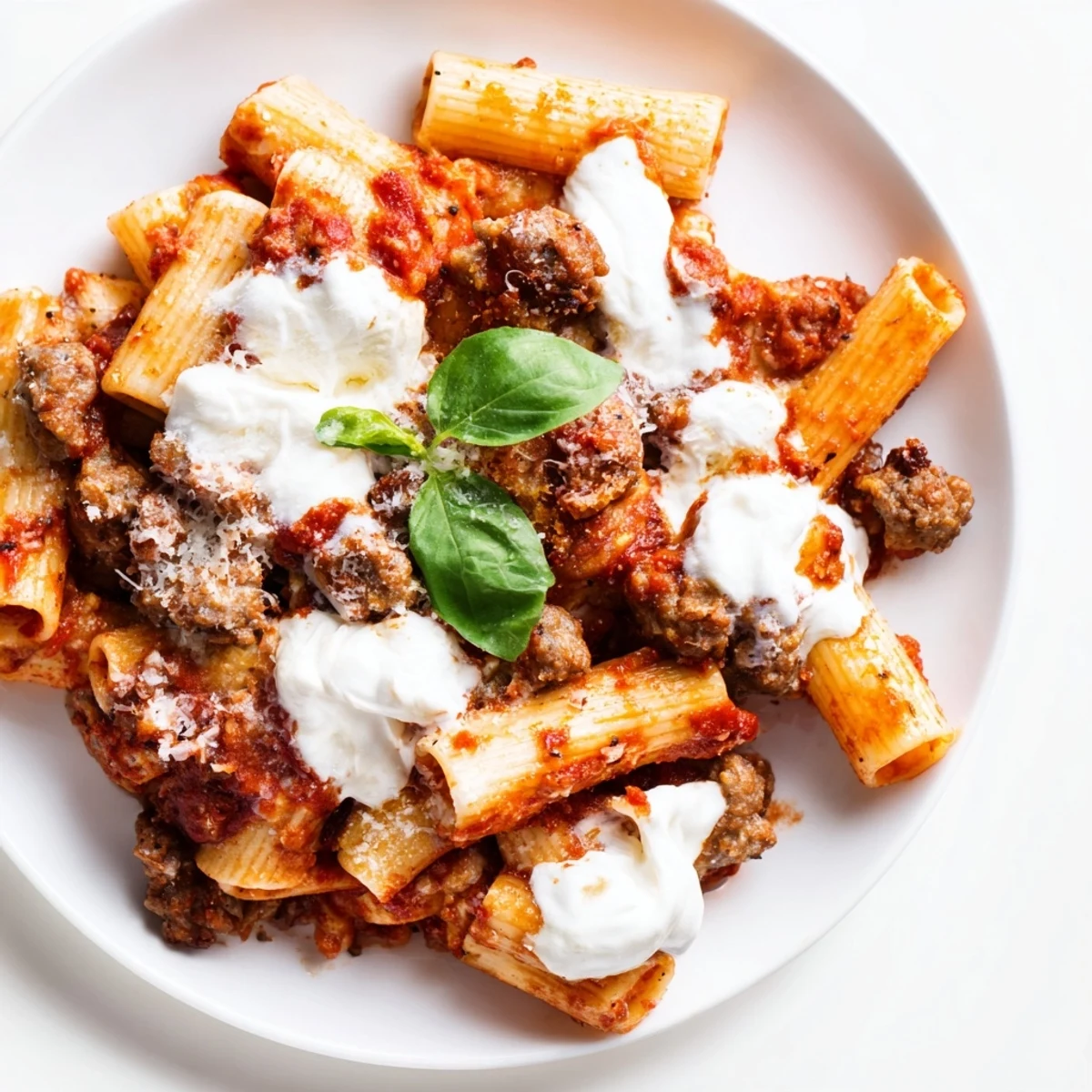 Bubbling slow cooker baked ziti with three cheeses and Italian sausage ready for family dinner