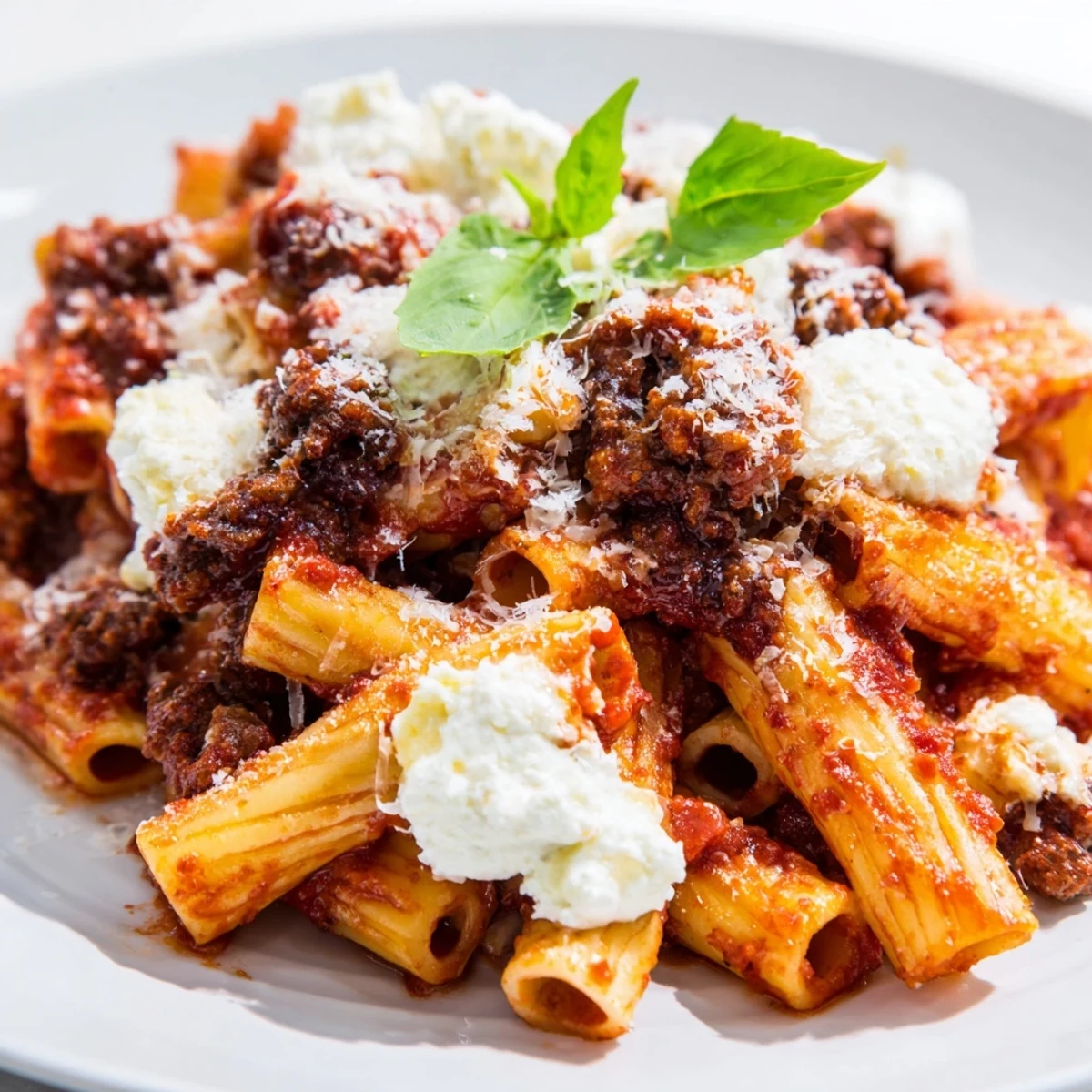 Creamy ricotta and tomato baked ziti pasta layered with savory Italian sausage in a slow cooker