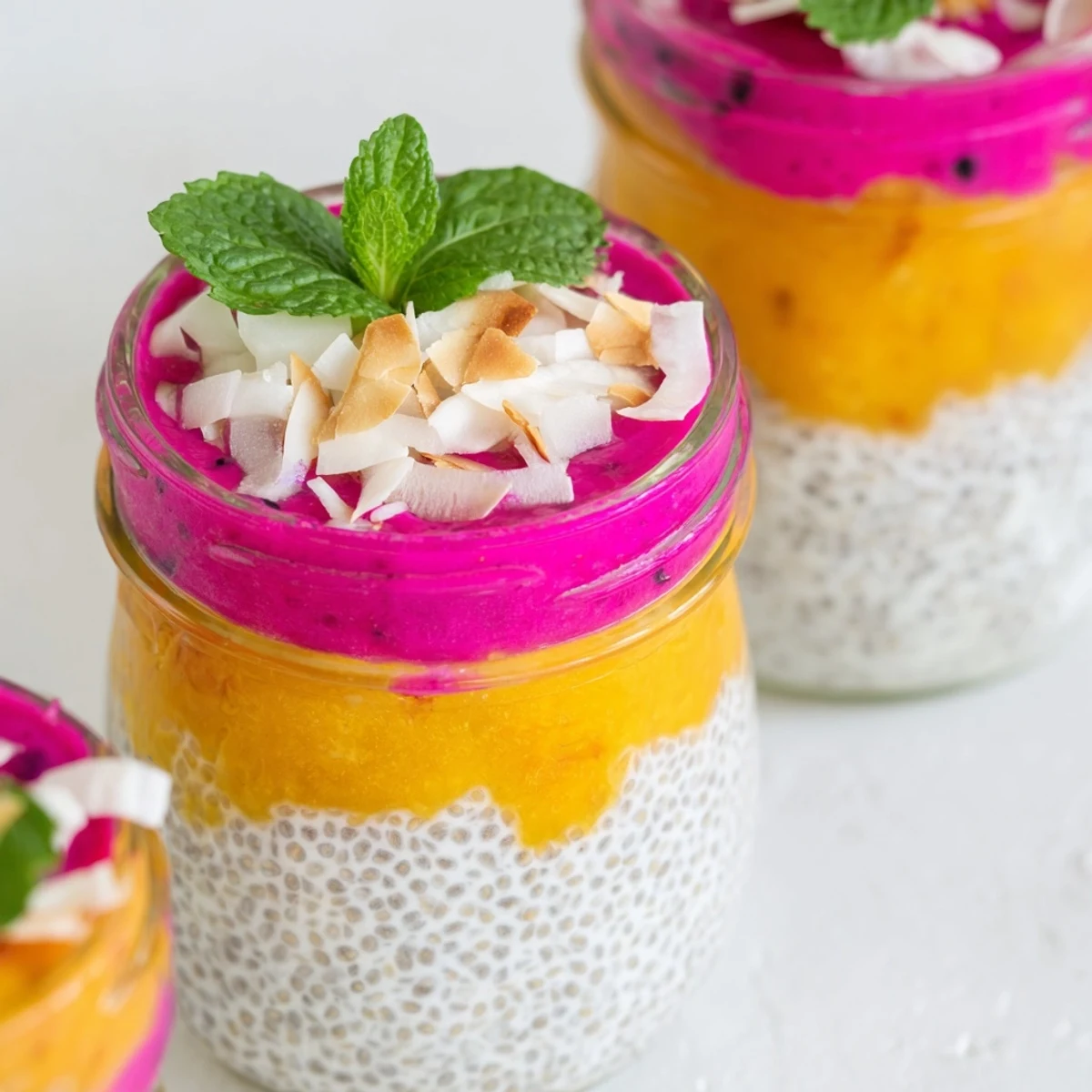 Creamy mango and dragon fruit chia pudding layered in a glass with fresh mint garnish