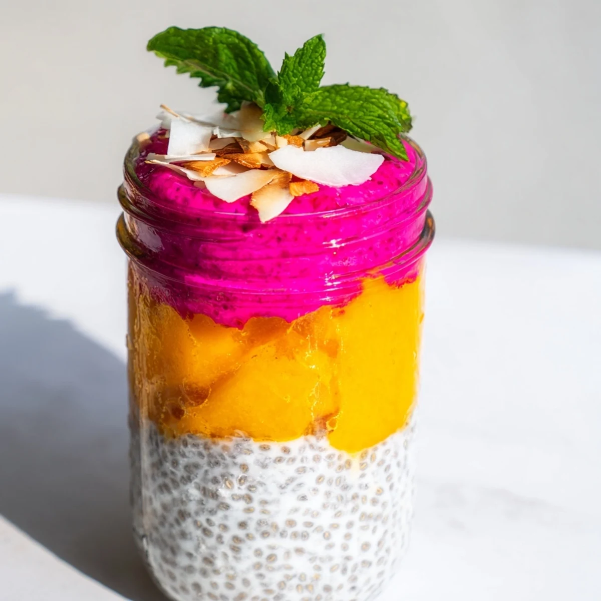 Vegan mango and dragon fruit chia pudding dessert with colorful fruit swirls and nuts