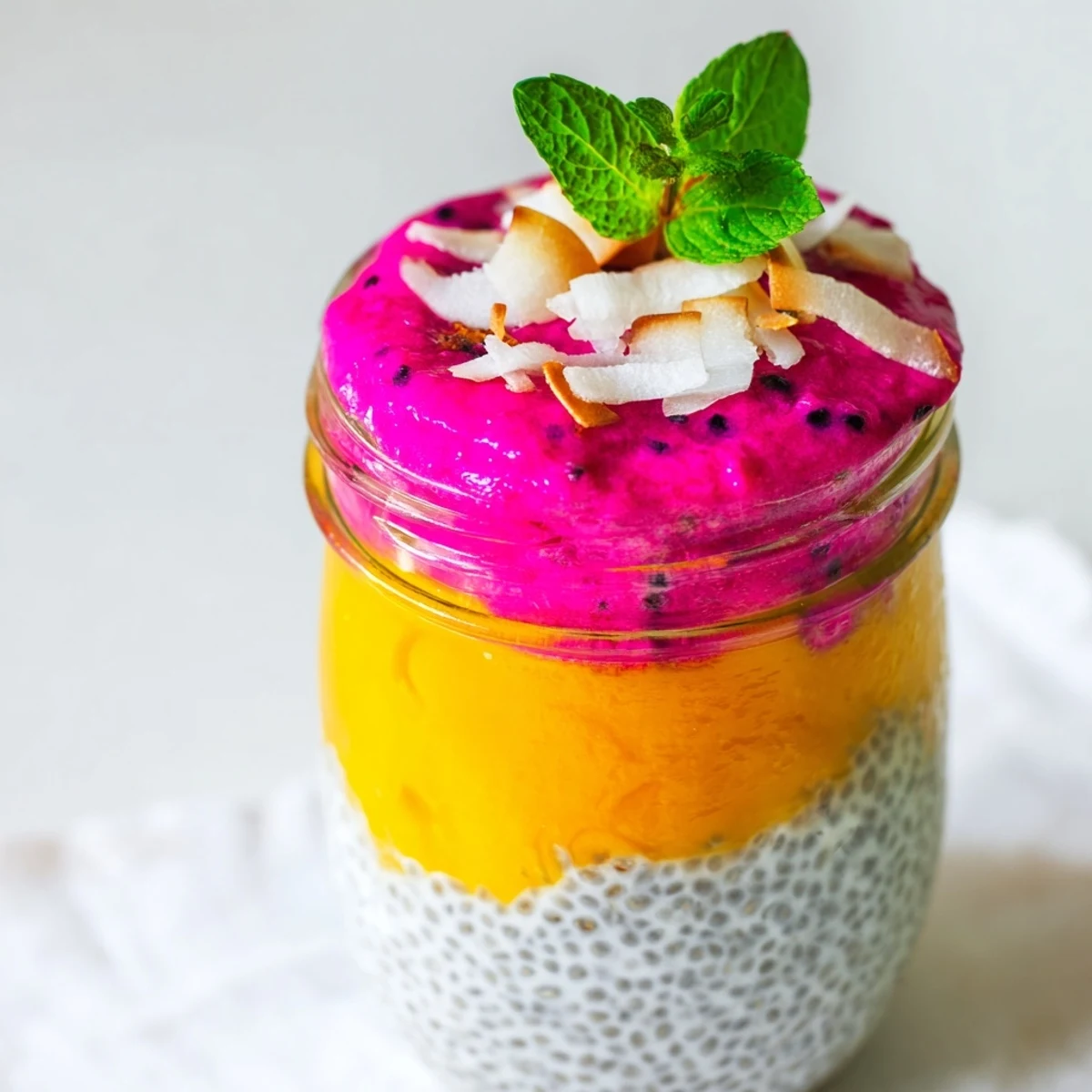 Tropical chia pudding with vibrant mango and dragon fruit layers topped with toasted coconut