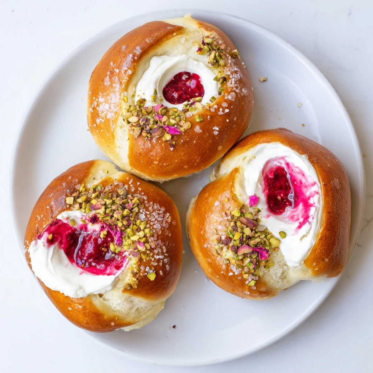 Golden Raspberry and Rose Cheesecake Buns topped with pistachios on a rustic wooden board