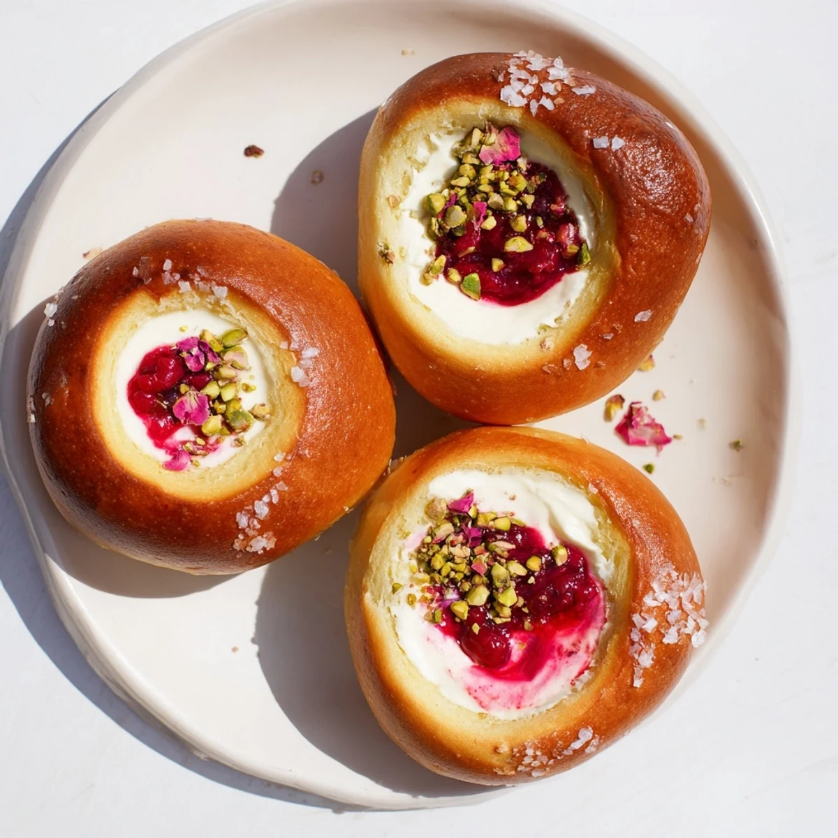 Soft sweet buns filled with rose-scented cream cheese and bright red raspberry compote filling