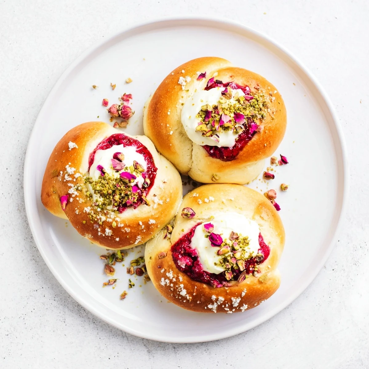 Freshly baked Raspberry and Rose Cheesecake Buns with fluffy golden dough and floral rose garnish