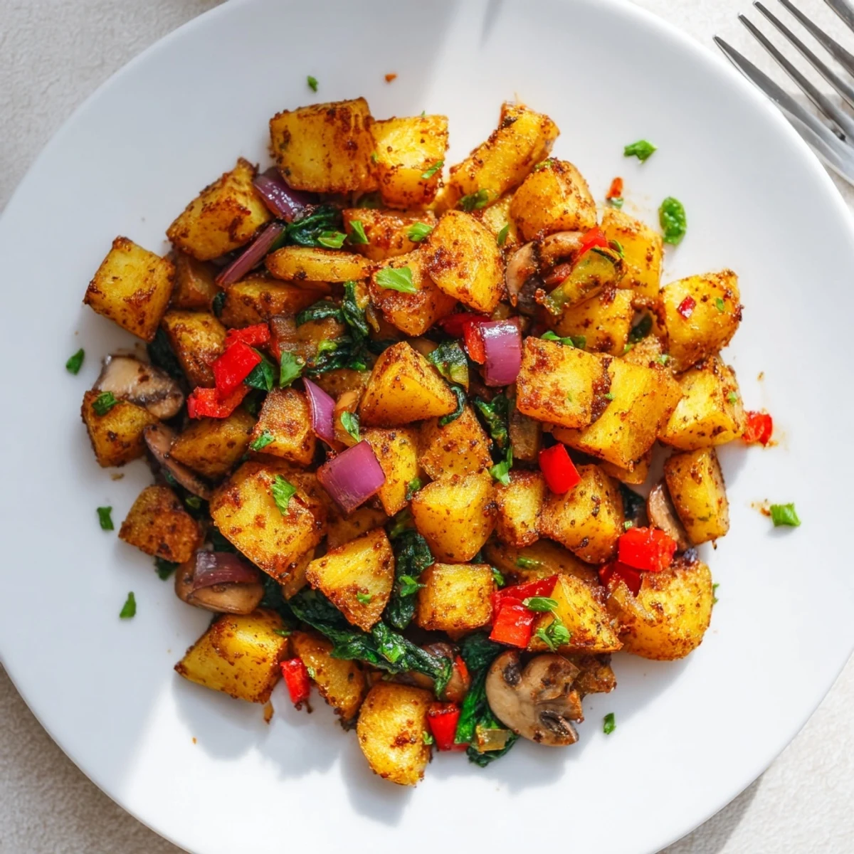 Golden crispy vegan breakfast hash with colorful peppers, onions, and fresh spinach garnish