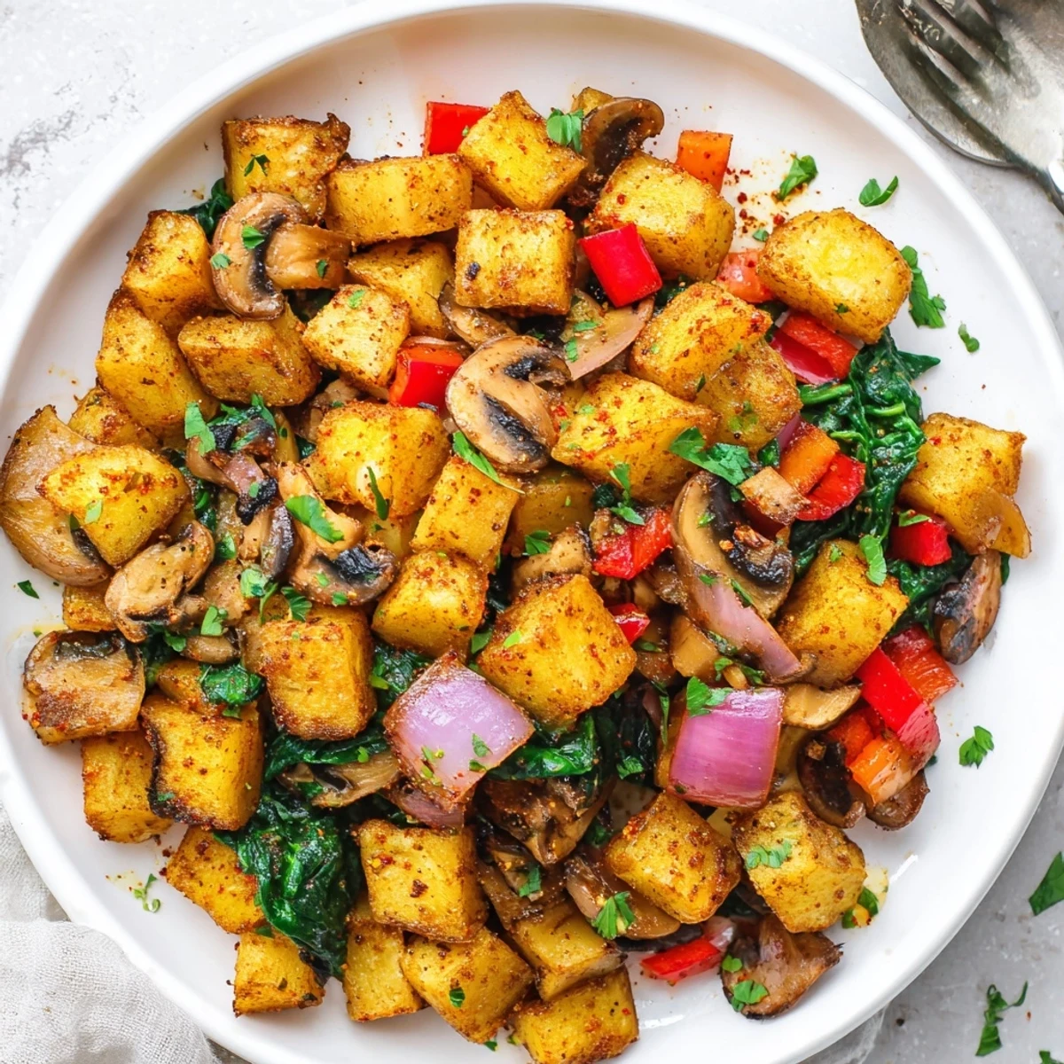 Steamy plate of flavorful vegan breakfast hash topped with chopped parsley and hot sauce
