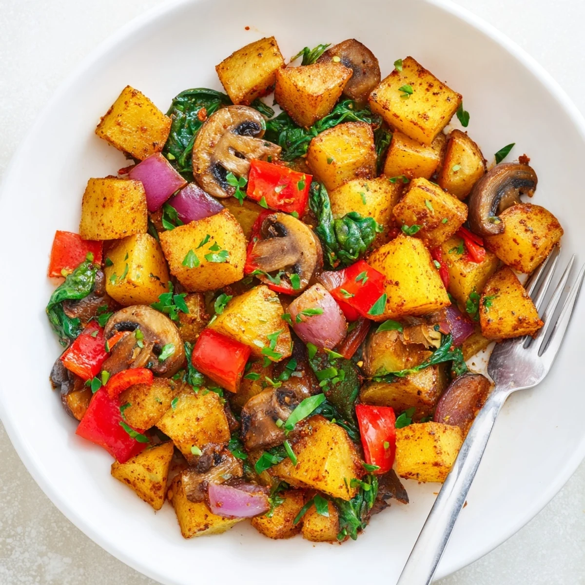 Sizzling skillet of hearty vegan breakfast hash loaded with diced potatoes and vibrant vegetables