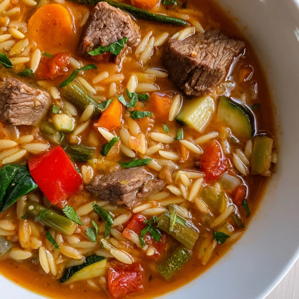 Steaming bowl of hearty beef and orzo soup garnished with fresh parsley