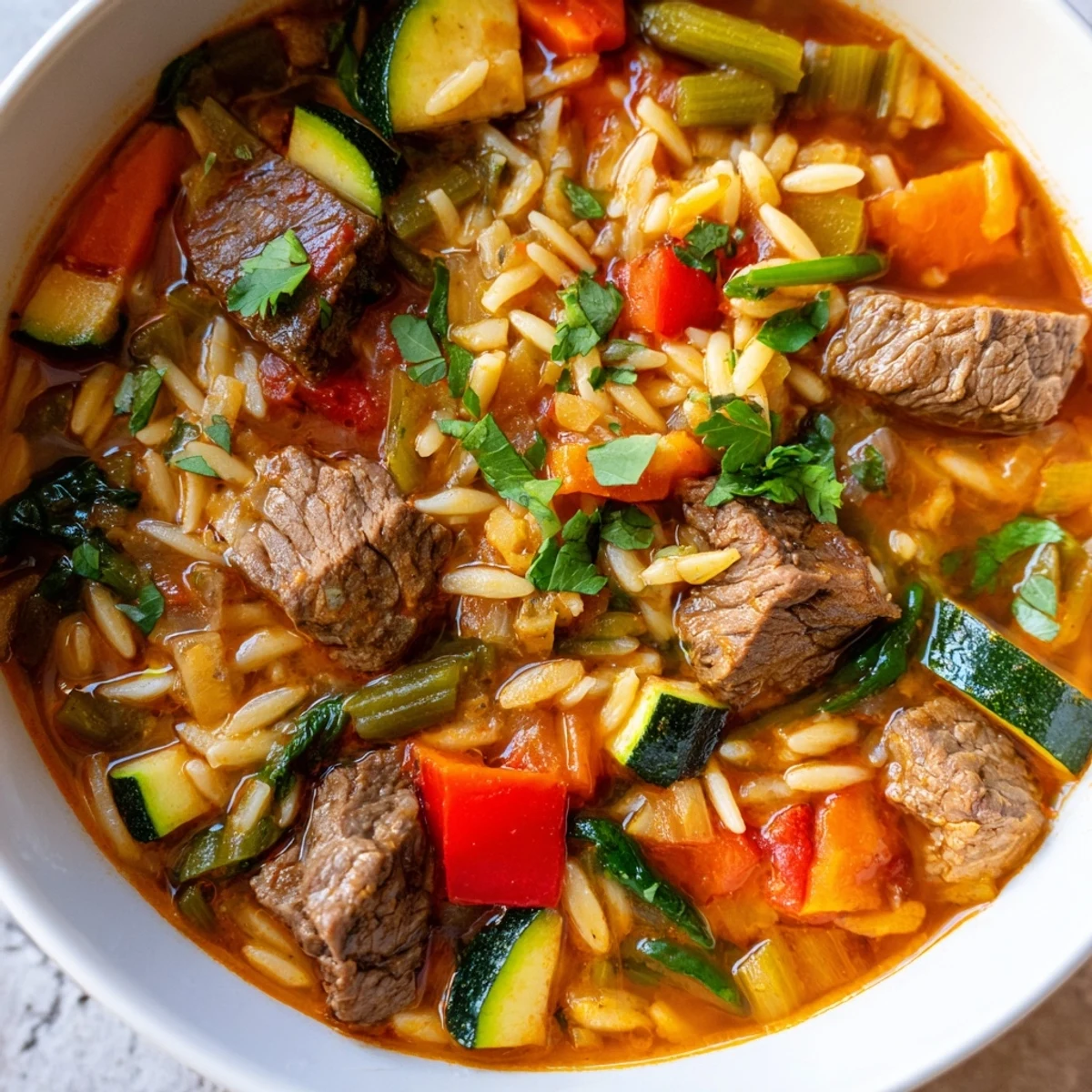 Hearty beef and orzo soup loaded with tender meat and colorful vegetables
