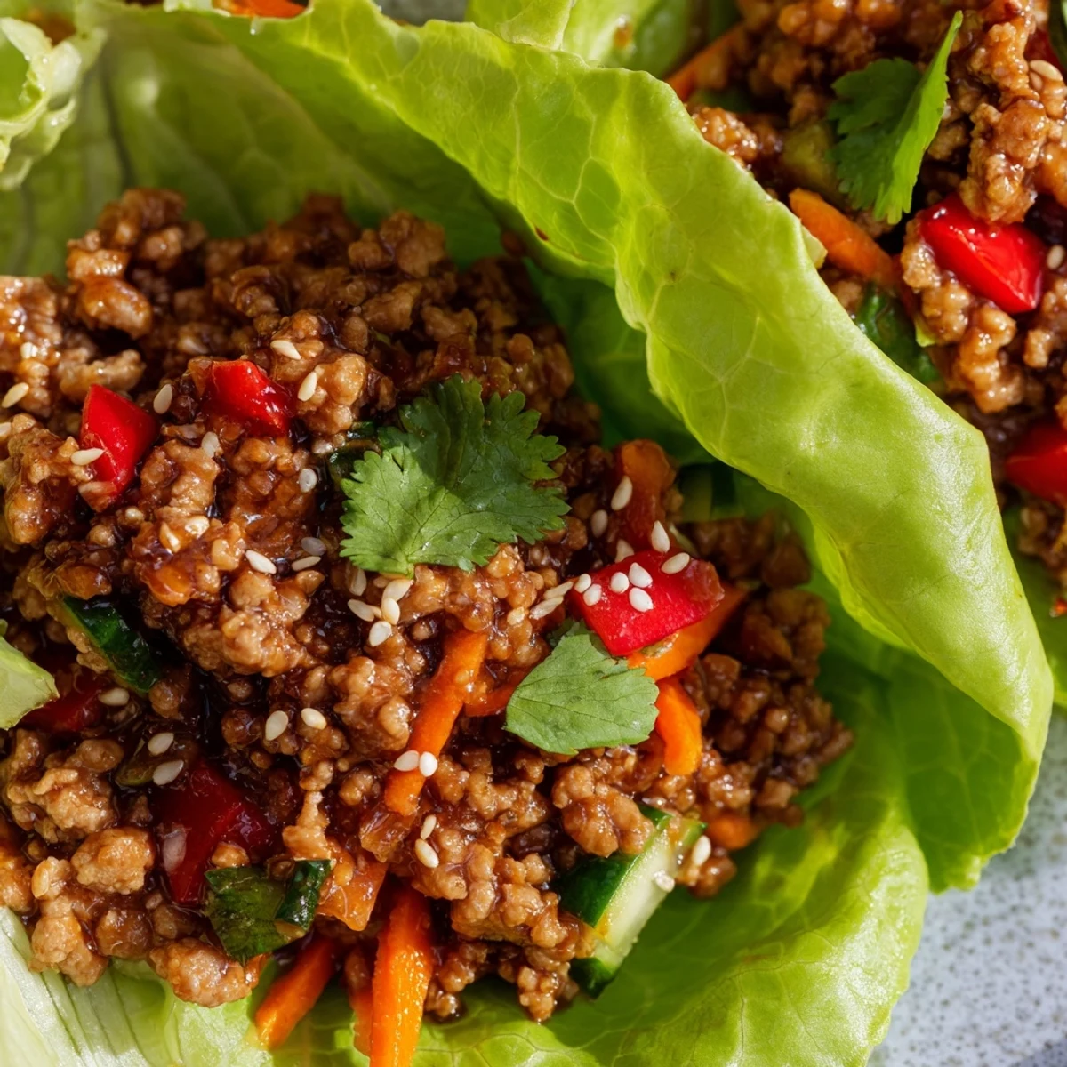 Seasoned ground turkey filling served in crisp romaine lettuce cups with fresh vegetables