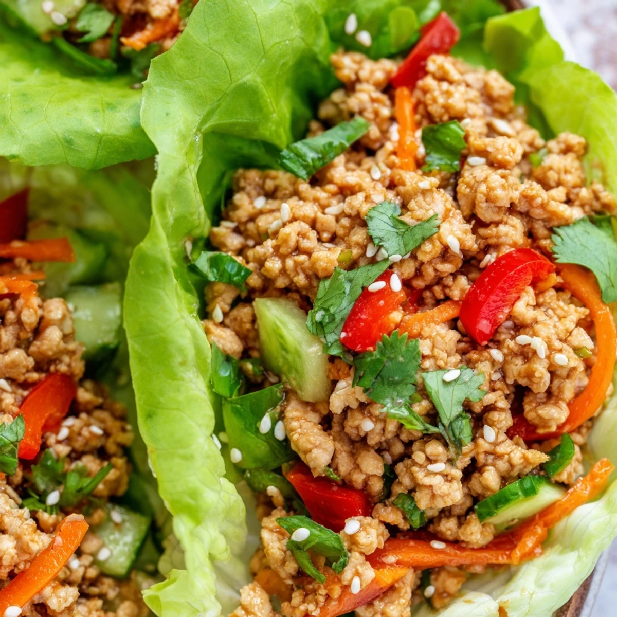 Healthy ground turkey lettuce wrap bowls topped with sesame seeds and cilantro