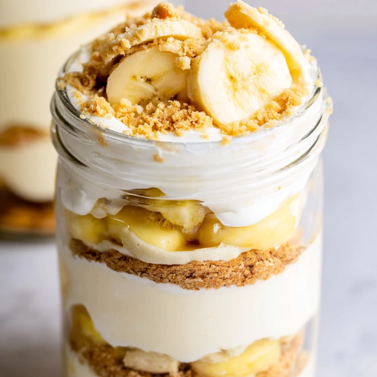Creamy no bake banana pudding cheesecake cups layered with vanilla wafer crust and fresh banana slices