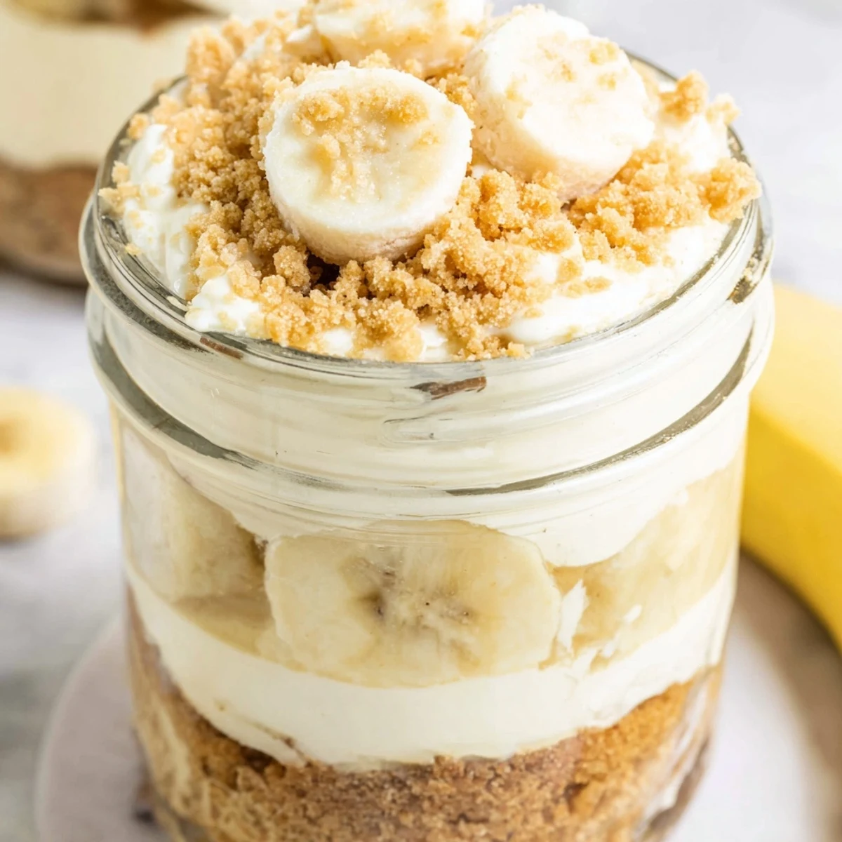 Individual no bake banana pudding cheesecake cups topped with whipped cream and crunchy vanilla wafer crumbs