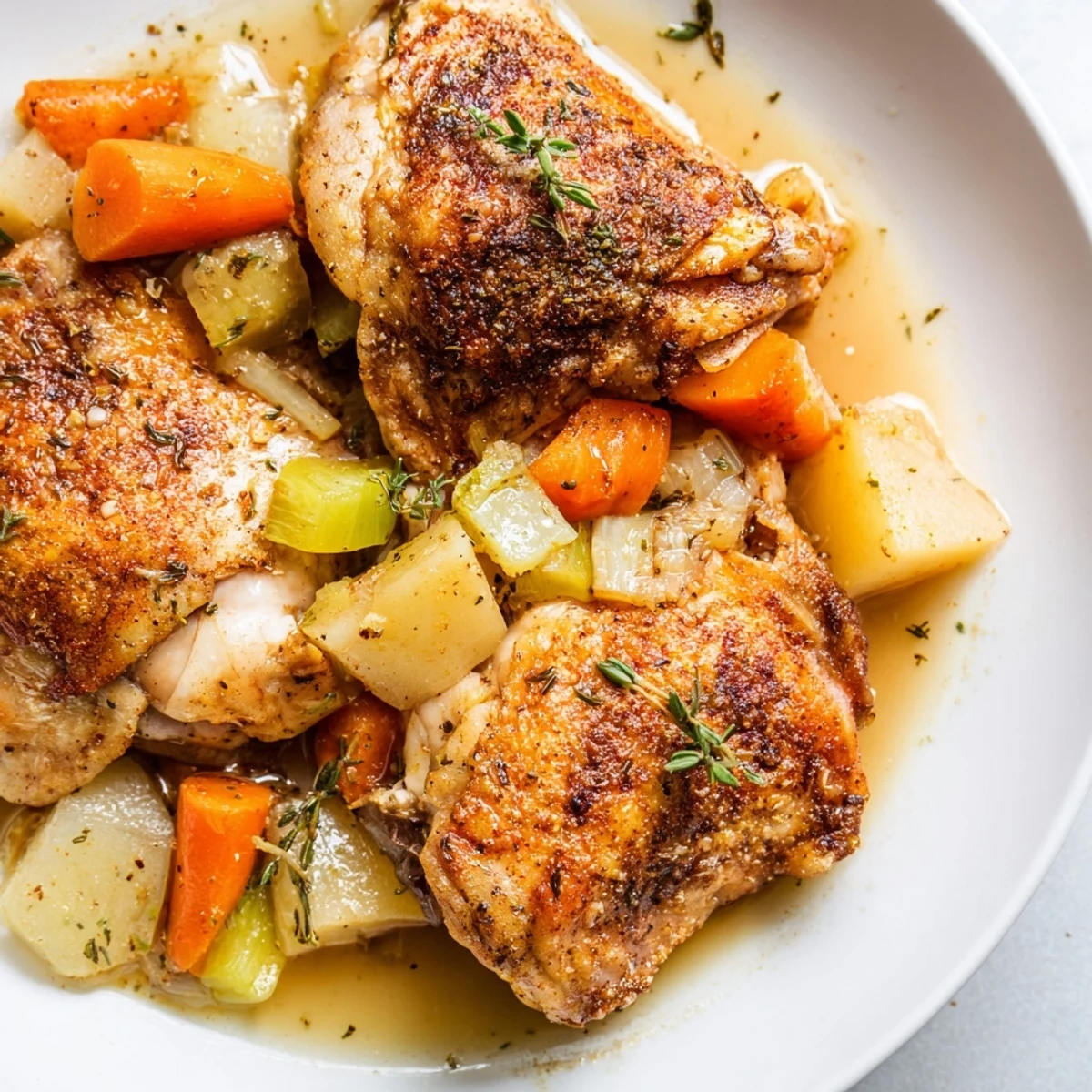 Tender slow cooker chicken dinner with carrots, potatoes, and savory herb gravy in a rustic bowl