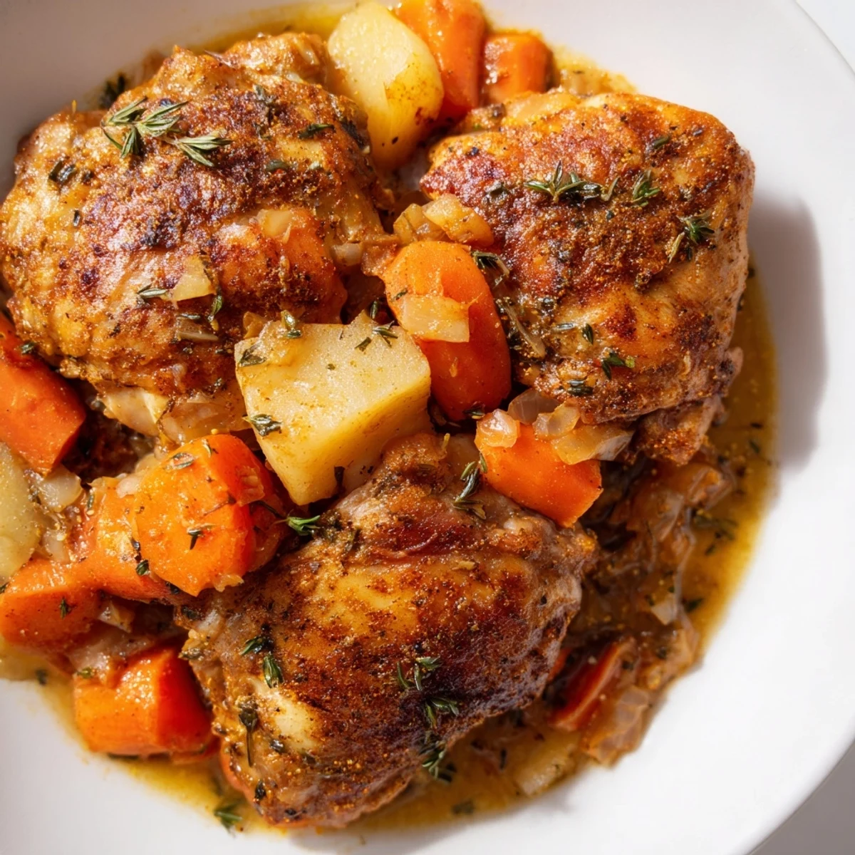 Golden chicken thighs nestled among root vegetables in this hearty slow cooker chicken dinner