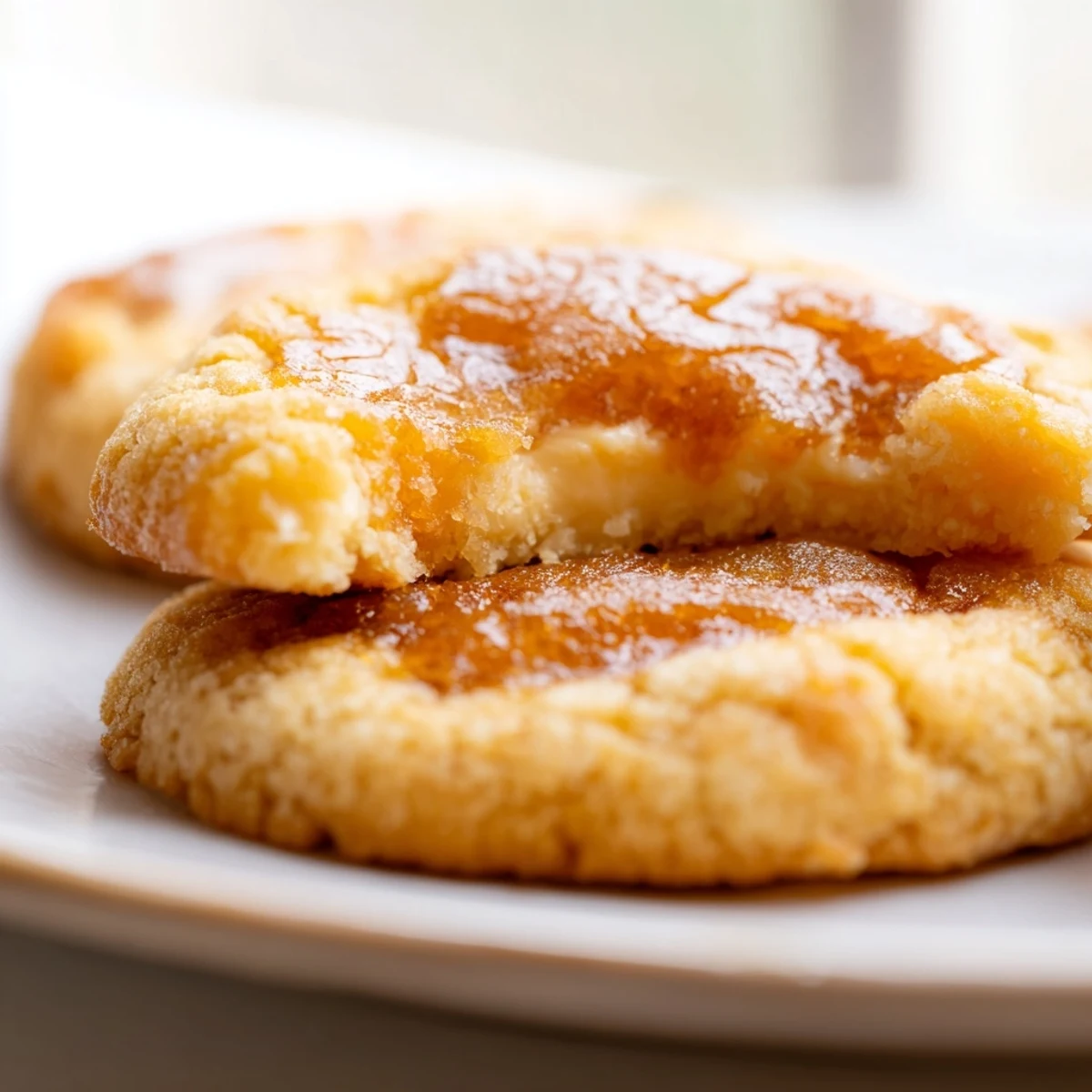 Soft baked creme brulee cookies with golden caramelized tops and creamy vanilla centers