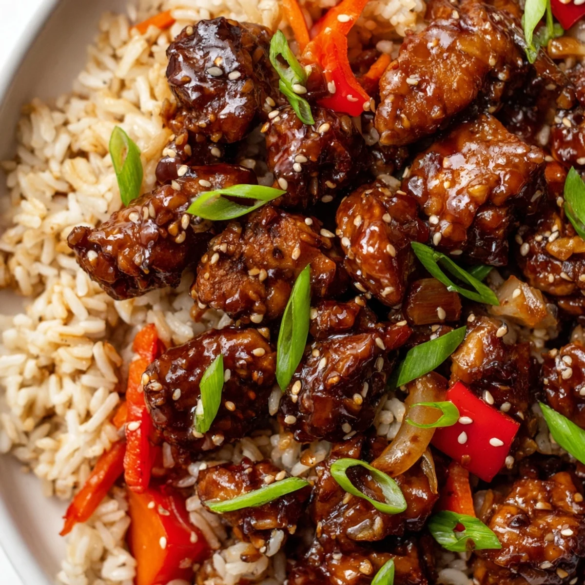 Golden One Pan Korean BBQ Chicken and Rice topped with sesame seeds and green onions