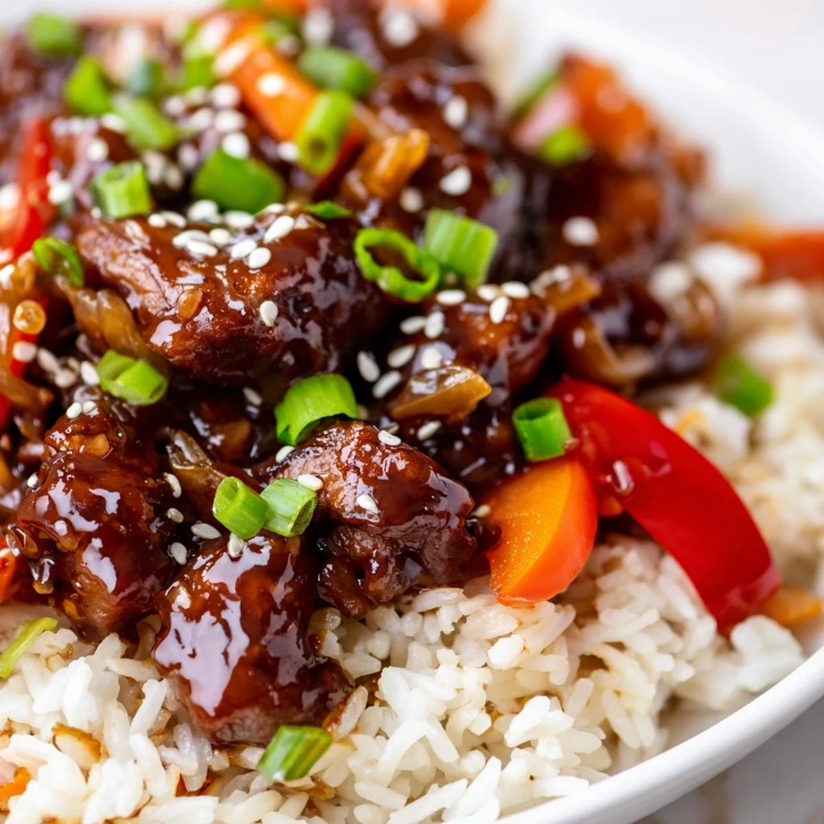 One Pan Korean BBQ Chicken and Rice with colorful vegetables in a glossy skillet